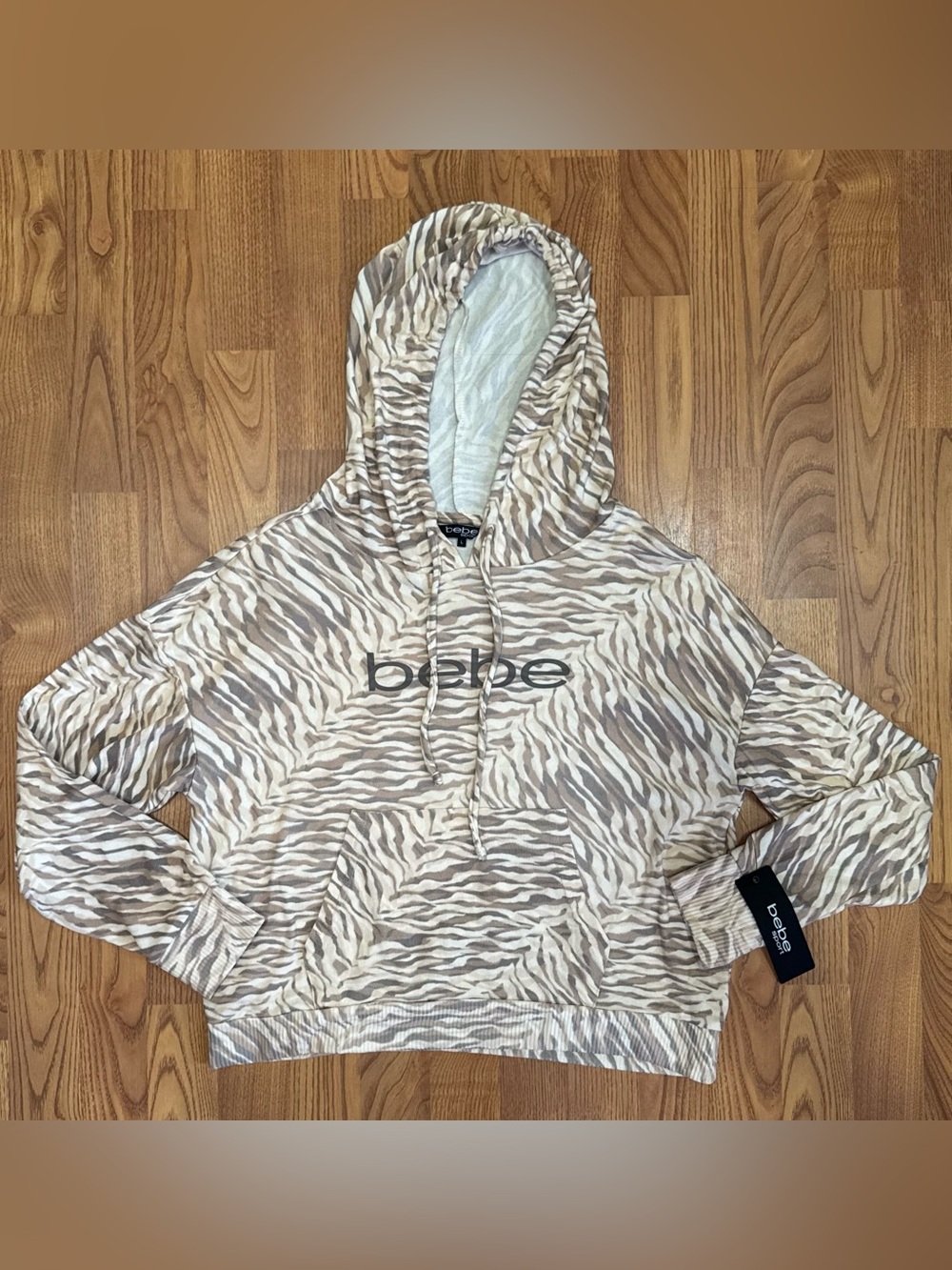 ❤️ bebe Women's Brown Zebra-Print Hooded Pullover Jacket Shirt Sweatshirt (B18)